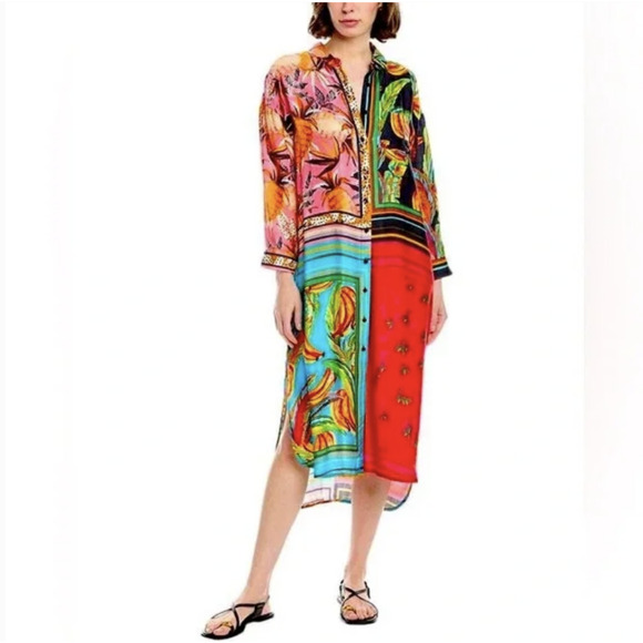 FARM RIO Scarf Mix Shirt Dress Multicolor Fruit Print 3/4 Sleeve Hippie - Picture 3 of 15